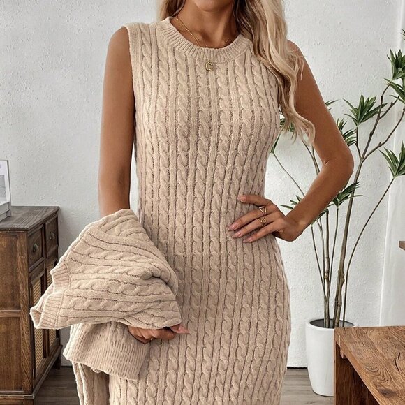 Khaki Casual Women's Button Front Cardigan & Jumper Dress 2-Piece Set - Picture 5 of 6